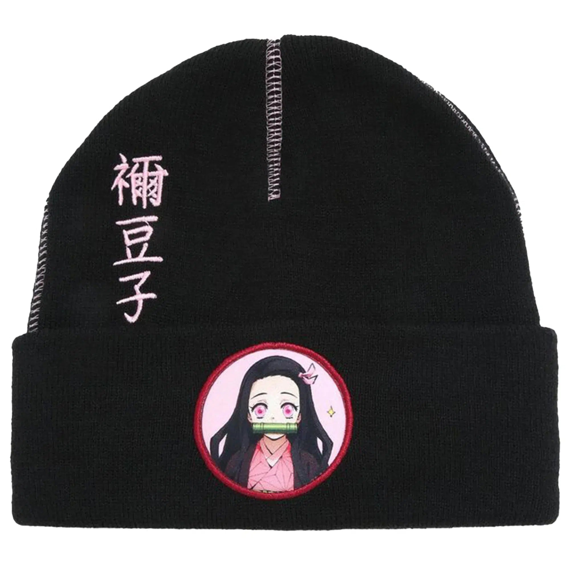 Demon-Slayer-Nezuko-Patch-Black-Cuff-Beanie-Hat-Culturefly Demon Slayer - Nezuko Patch Black Cuff Beanie Hat - Culturefly - Image 1