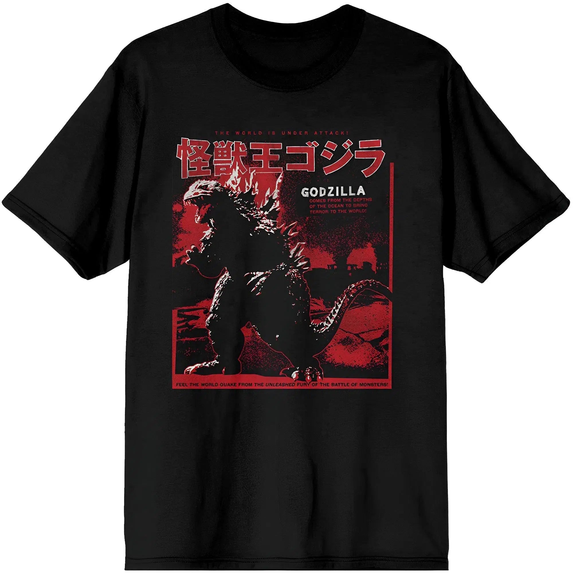 Godzilla-The-World-Is-Under-Attack-Kanji-Poster-Art-T-Shirt-Black-Unisex-Bioworld Godzilla - "The World Is Under Attack!" Kanji Poster Art T-Shirt (Black, Unisex) - Bioworld - Image 1
