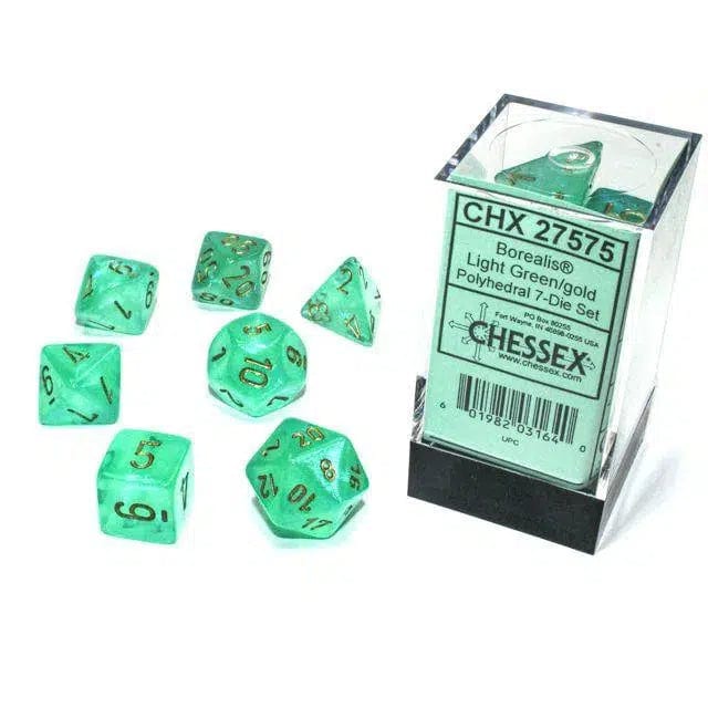 Luminary-Light-Green-Gold-Dice-Set-7-Dice-Polyhedral-Chessex-Borealis-Series Luminary Light Green & Gold Dice Set (7 Dice, Polyhedral) - Chessex - Borealis Series - Image 1