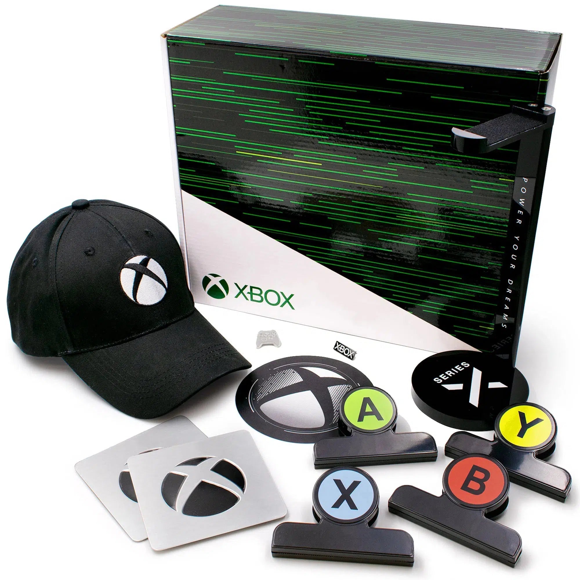 XBOX-Collectors-Gift-Box-Set-Culturefly-Snapback-Hat-Pin-Badges-Coasters-Chip-Clips-Decal-Caddy XBOX - Collector's Gift Box Set - Culturefly - Snapback Hat, Pin Badges, Coasters, Chip Clips, Decal, Caddy - Image 1